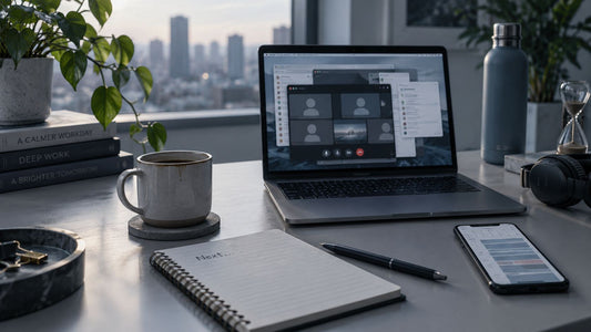 A tidy desk with an open laptop showing a video call, a coffee mug, a spiral notebook and pen, and an hourglass in soft window light.
