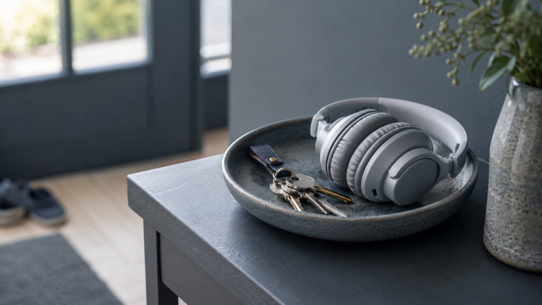 A ceramic catch-all dish holding keys and folded headphones on the corner of a console table near a doorway, lit by soft cool window light.