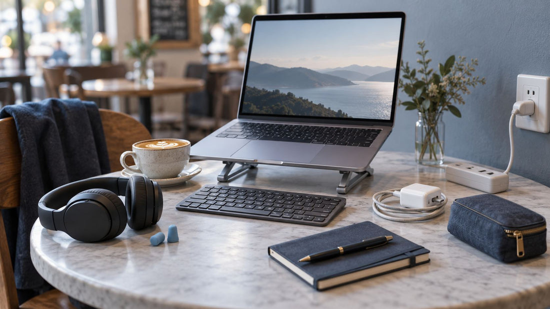 A compact portable work kit arranged on a cafe table: a zip pouch with a coiled cable, a folding laptop stand, a pocket notebook and a pen.