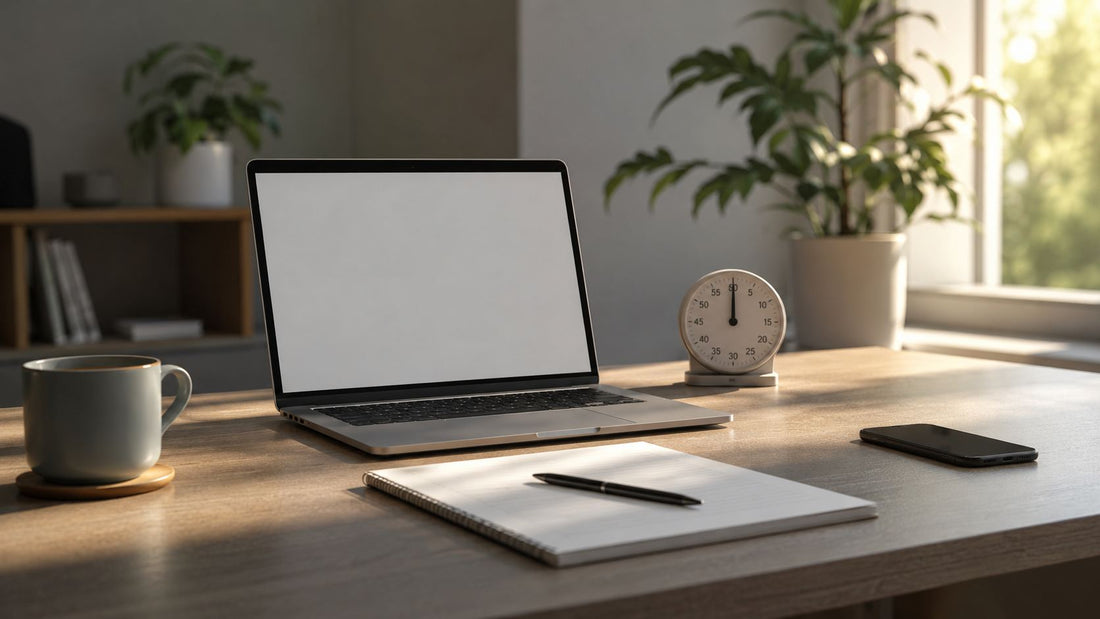 A single glass sand timer on a clean desk in bright airy light, evoking a protected hour of focus.