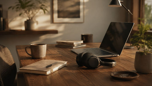An editorial still life of a quiet, minimalist workspace evoking the calm soundscape of a focused desk.