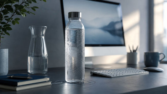 A condensation-beaded water bottle on a desk, evoking desk-side hydration.