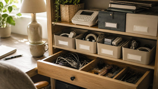 A neatly organized desk storage tray holding tidy office supplies in cool, bright tones.