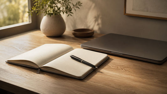 An open paper notebook with a single pen resting on the page beside a closed laptop on a warm wooden desk, lit by soft morning light.