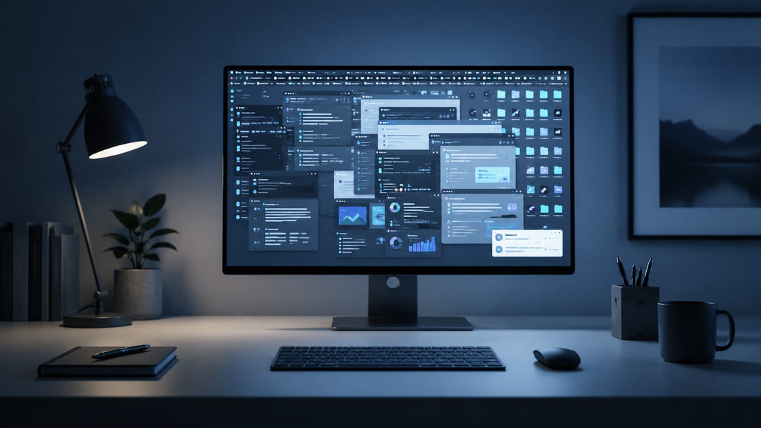 A glowing computer monitor on a minimal desk in a dim evening room, cool blue and slate-grey tones, screen suggesting many overlapping windows and tabs.