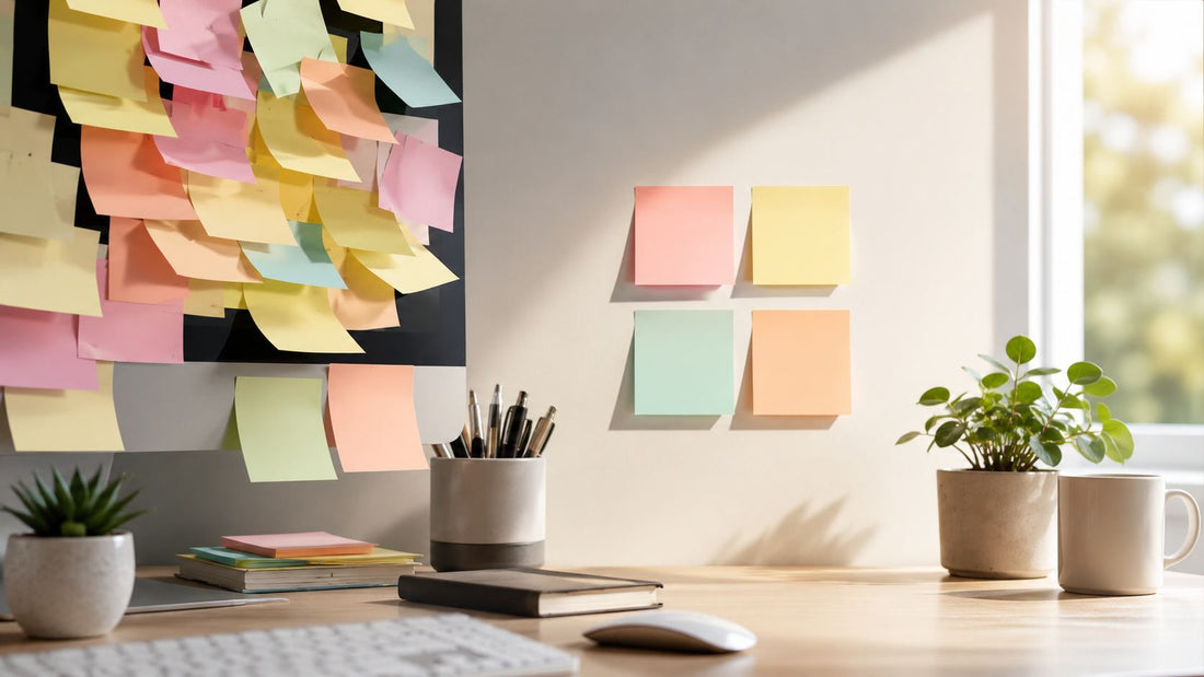 Colorful sticky notes clustered on the left of a bright, sunlit desk give way to a clean, tidy surface on the right.