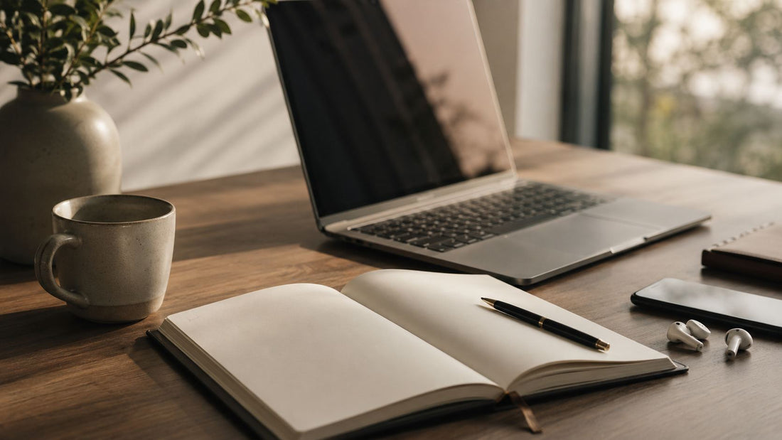 A calm minimalist desk in soft natural light, evoking the quiet moments before a meeting begins.