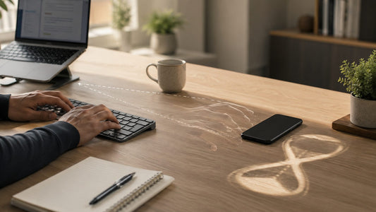 A smartphone lying face-down on a desk in soft side light, evoking quiet, distraction-free focus.