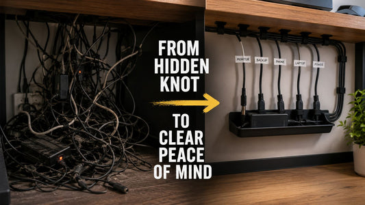 Neatly bundled cables clipped along the back edge of a desk in cool slate and charcoal tones under dramatic side light.