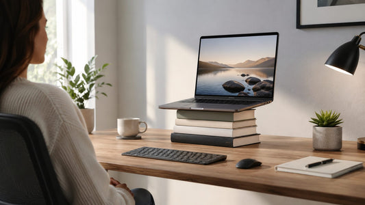 A computer monitor raised to eye level on a desk riser with a separate keyboard, illustrating a healthy screen-height setup.