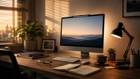 A desk lamp casting a warm pool of light over a tidy desk in a dim evening home office