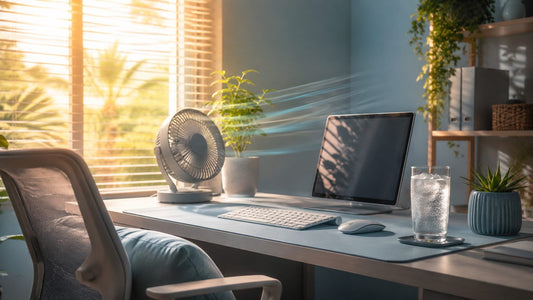 A cool, breezy summer workspace with airy light, evoking a comfortable desk on a hot afternoon.