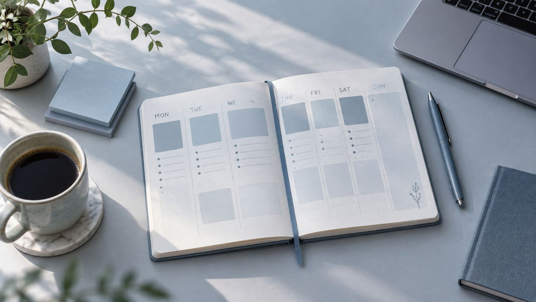 A minimalist desk scene evoking calm, unhurried weekly planning.