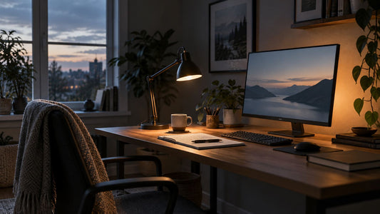 A warm desk lamp lights a tidy wooden desk beside a window at dusk.