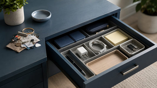 An open desk drawer viewed from directly above, neatly divided into compartments in bright natural light.