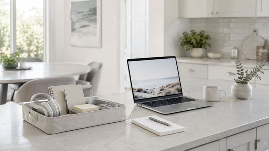 A bright, airy workspace neatly packed into a single container on a clean kitchen counter