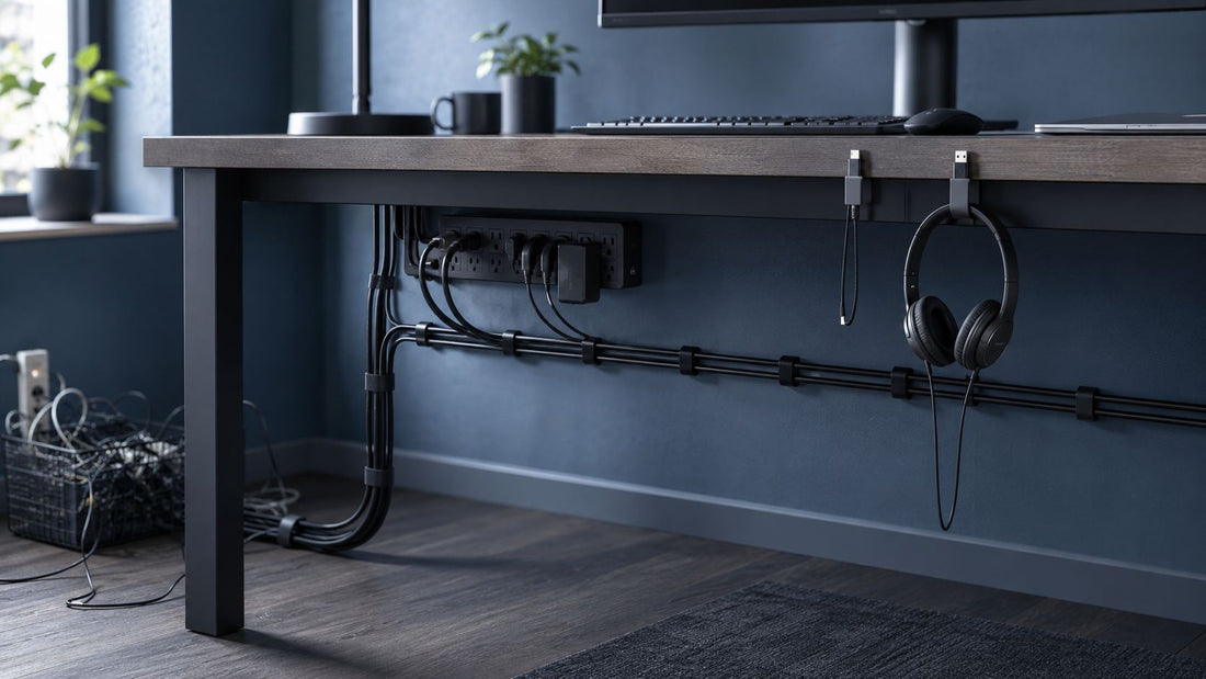A tidy flat-lay of neatly coiled cables and a slim organizer tray on a bright, clean surface.