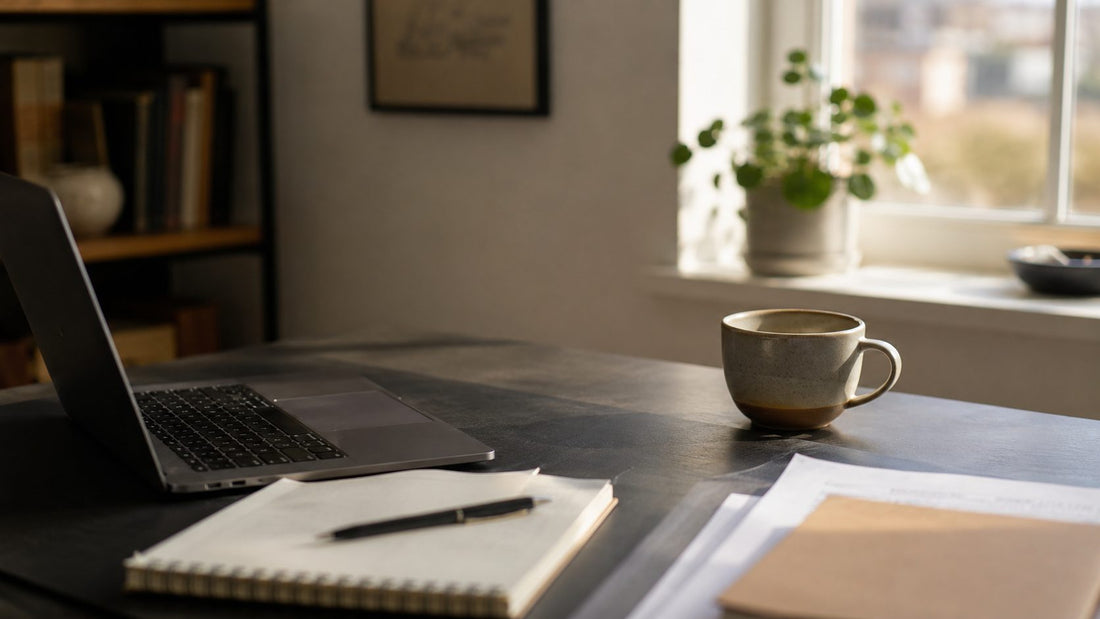 A wide editorial header image of a coffee mug on a desk, evoking a quiet morning work ritual.