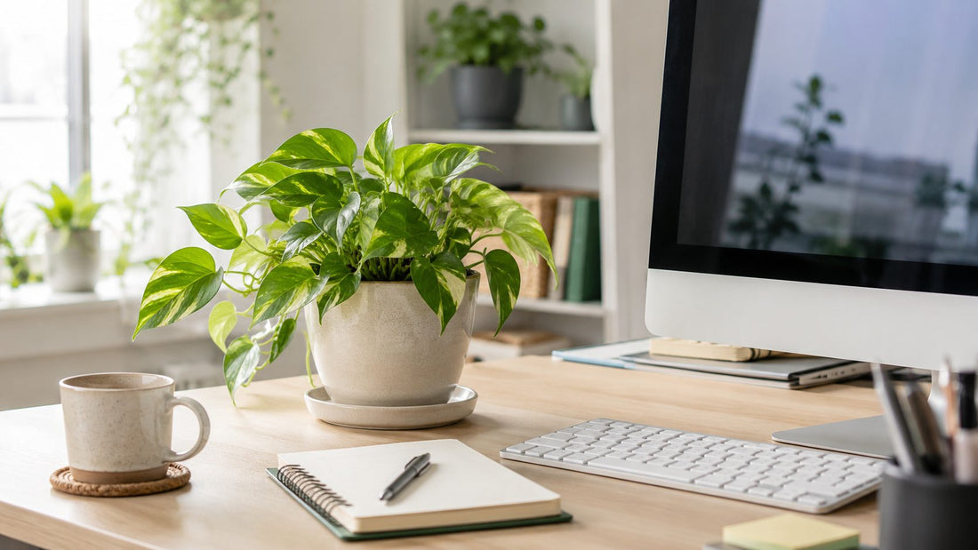 A healthy green desk plant in soft light, evoking a calm, living workspace.