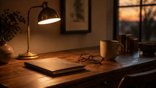 A small warm-glow desk lamp casting soft golden light over a tidy wooden desk with a closed notebook, folded glasses, and a ceramic mug at dusk.