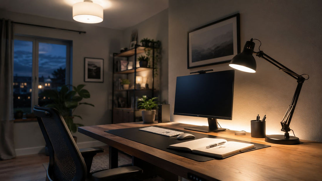 A single desk lamp casting a warm pool of light against a cool, dim evening workspace.