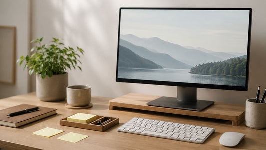 A calm, uncluttered desk scene illustrating a tidy approach to sticky notes.