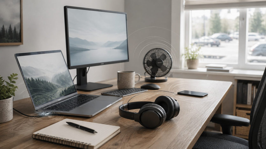 A calm modern home office desk scene evoking a quiet, considered workspace soundscape.