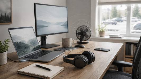 A calm modern home office desk scene evoking a quiet, considered workspace soundscape.
