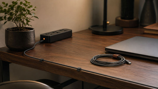 A tidy modern desk with neatly routed cables along the wood edge, a small power strip glowing softly, and a coiled charging cable beside a closed laptop in warm cinematic light.