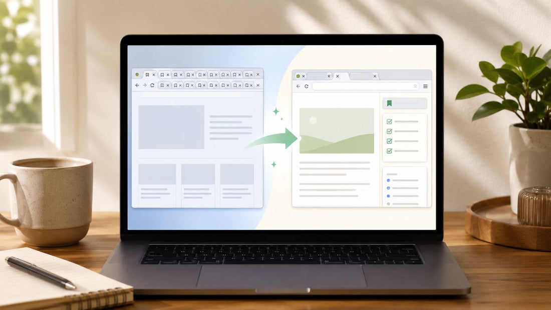 An editorial illustration of an organized workspace representing digital decluttering and tab management.