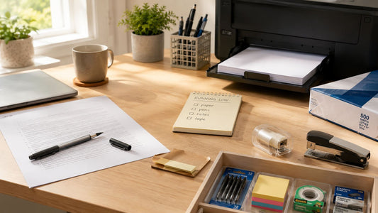 A wide featured image illustrating a calm, well-stocked desk and a simple system for never running out of supplies.