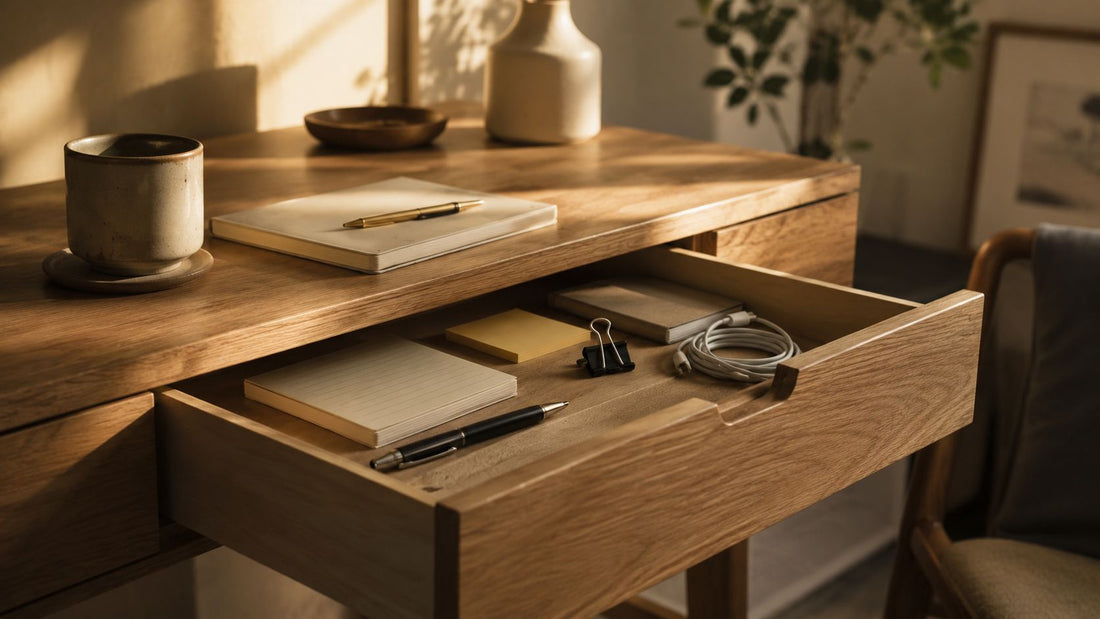 A cozy minimalist desk in warm afternoon light: a slightly open top drawer revealing a small set of carefully chosen tools, with muted earth tones and shallow depth of field.