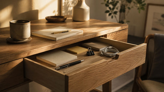 A cozy minimalist desk in warm afternoon light: a slightly open top drawer revealing a small set of carefully chosen tools, with muted earth tones and shallow depth of field.