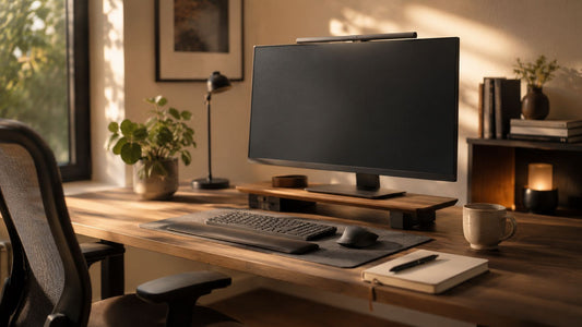 A calm wood desk still life with a monitor at eye level, an external keyboard, a notebook and a ceramic mug in warm late-afternoon light.