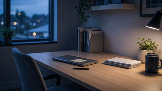 A cleared, tidy desk at the end of the workday, evoking a calm closing routine before leaving work behind.