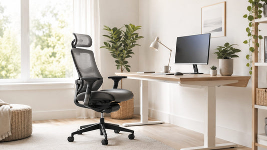 A bright, airy home office with an ergonomic office chair beside a sunlit window, a wooden desk, monitor, lamp, and plants.