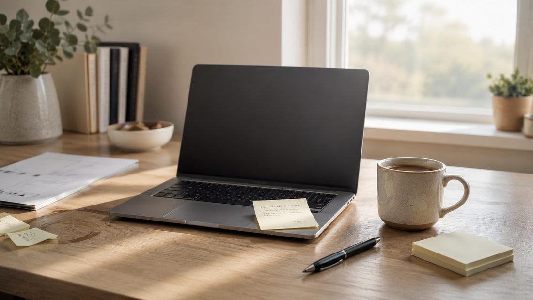 A calm, freshly reset desk with a tidy tray and a slim notebook, evoking a clean weekly starting point.