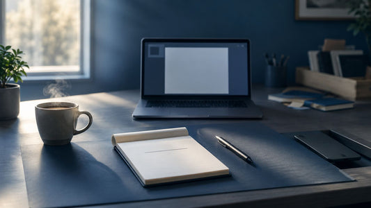 A ceramic coffee mug with rising steam beside an open blank notebook and pen on a clean light-toned desk in bright morning light.
