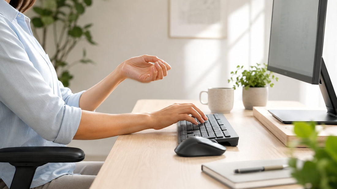 A calm, minimal desk workspace evoking comfortable typing and relaxed hand posture.