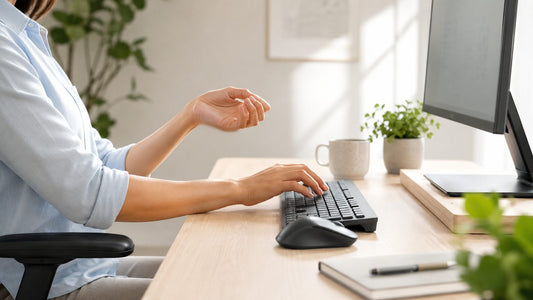 A calm, minimal desk workspace evoking comfortable typing and relaxed hand posture.