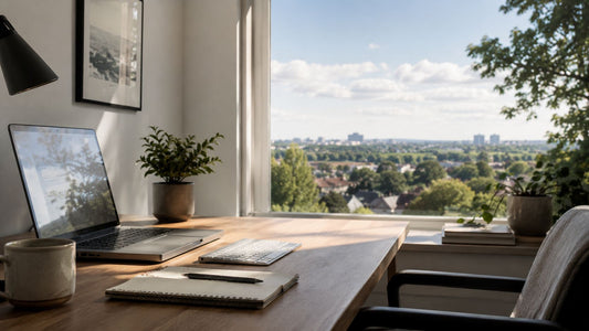 A calm desk scene evoking resting your eyes by looking into the distance.