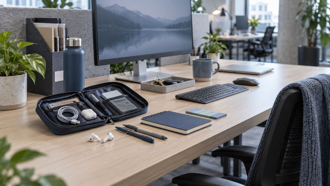 A shared office desk with an open zip pouch of supplies laid out beside a monitor, notebook, mug and plant, ready for a day of hot-desking.