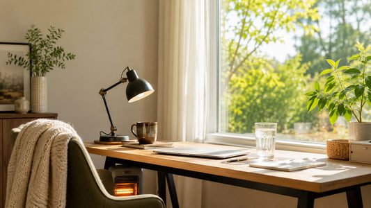 A tidy minimalist desk by a bright summer window, evoking a seasonal refresh of the workspace.
