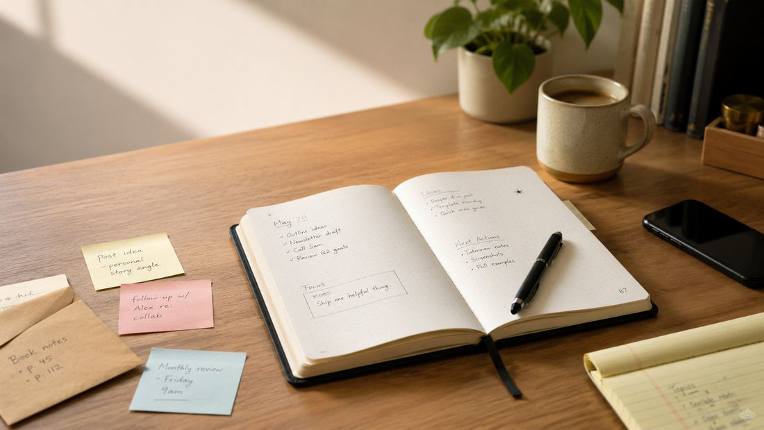 An open blank notebook with a single pen resting in the spine on a bright, clean desk.