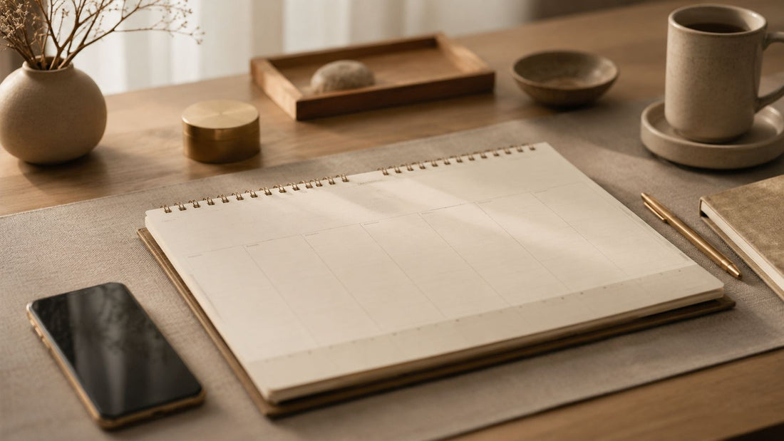 A cozy minimalist workspace in natural light with a paper monthly calendar laid open on a wooden desk.
