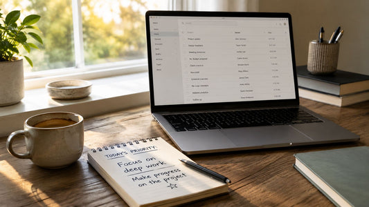 A cozy, productive morning workspace scene evoking focus and a fresh start.