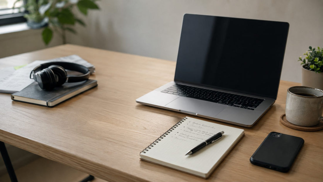 A calm editorial desk scene evoking the quiet gap between one task and the next.