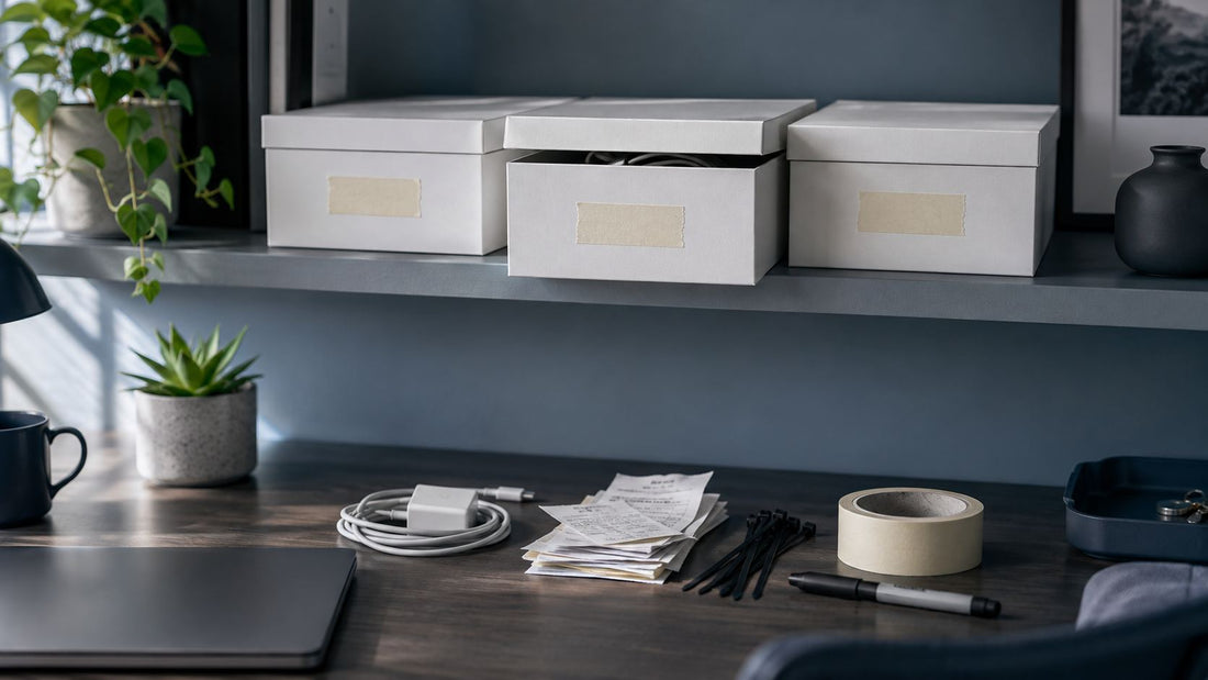 Three identical white storage boxes with blank paper labels on a shelf above a desk, with cables, papers and a roll of tape below.