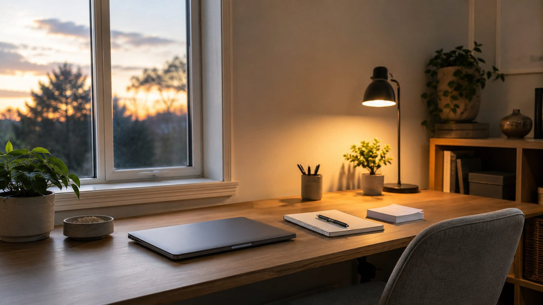 A calm home workspace at the end of the day, evoking a clean end-of-workday shutdown routine.