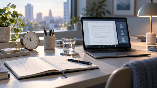 A calm, prepared desk with an open notebook, pen, water glass and laptop ready for a video meeting.